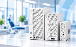 Drei ic med Computer in unterschiedlichen Größen als leistungsstarke IT-Hardware für Zahnarztpraxen.