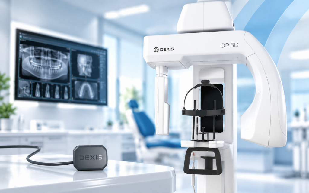 Digitales Röntgen in der Zahnarztpraxis mit DEXIS OP 3D Röntgengerät, Intraoralsensor und digitaler Röntgenaufnahme.