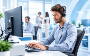 Mitarbeiter im technischen Support mit Headset am Computer in einem modernen, hellen Büro.